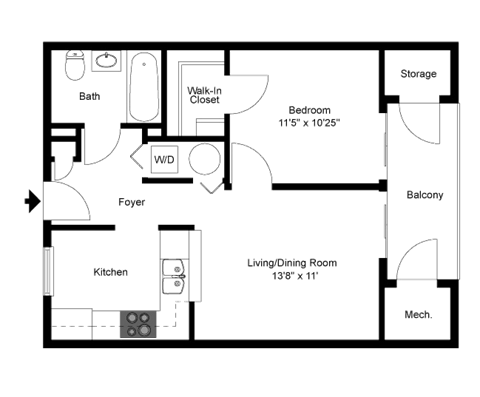Floor plan for 1 bed, 1 bath